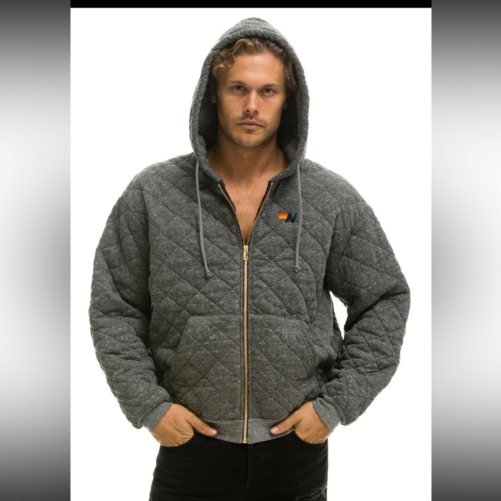 Men’s Aviator Nation Gray Quilted Zip Hoodie Relaxed Size L. New With No tags.